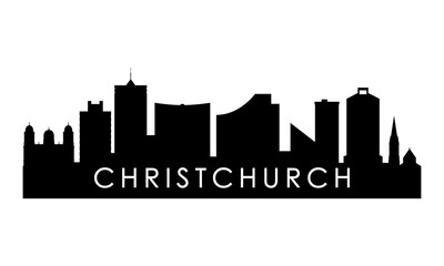 Christchurch skyline silhouette. Black Christchurch city design isolated on white background.  - 780316151