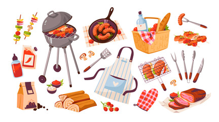 BBQ set. Barbecue picnic with grilled meat, sausages and vegetables. Grilled food for summe party. Vector illustration