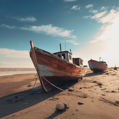 Fototapeta premium Where Waters Once Flowed: A Salty Past Haunts Sun-Bleached Boats