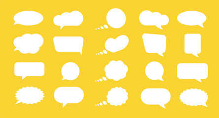 Set of speech bubbles on yellow background. Speak bubble text, cartoon chatting box, message box. Blank empty vector white speech bubbles. Cartoon balloon word design.