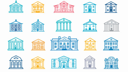 Collection of vector building line icons. Banks school