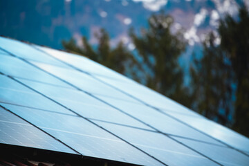 Alpine Home with Solar Panels. Harnessing Sunlight for Energy