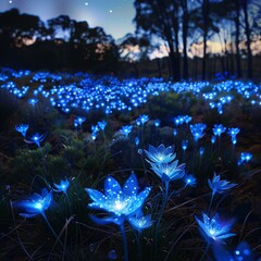 A field filled with vibrant blue lights resembling blooming flowers, creating a mesmerizing and otherworldly sight
