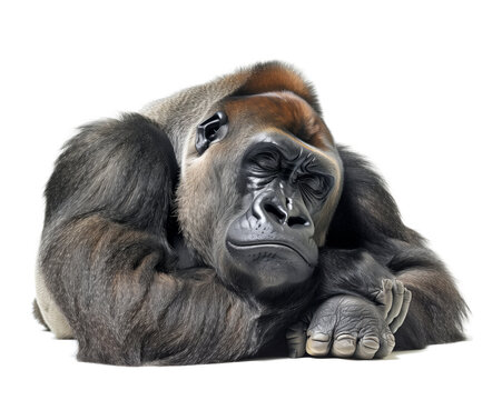 Thoughtful gorilla resting on white background