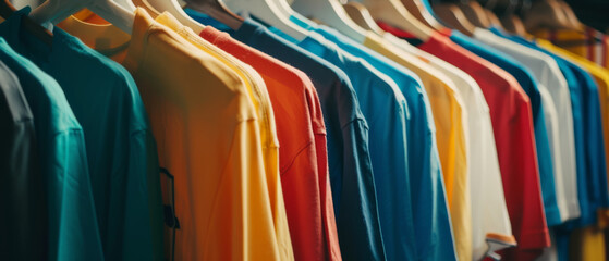 Colorful t-shirts are neatly arranged on hangers, presenting a vibrant and lively display. The array of bright colors and diverse patterns adds an element of fun and excitement to the scene. - obrazy, fototapety, plakaty
