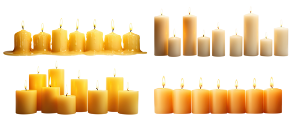 Set of pillar candles with flames illuminated, cut out