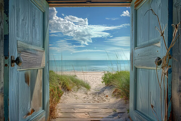 An open door reveals a breathtaking panorama of the beach: sun-kissed sands meet the sparkling waters, stretching into the horizon beneath a vast blue sky.