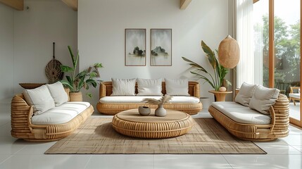 Fototapeta na wymiar Modern Living Room with Rattan Furniture and Indoor Plants
