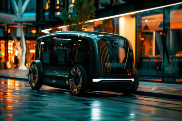 Futuristic compact size electric car parked on a street. Electric and hybrid car technology. - obrazy, fototapety, plakaty