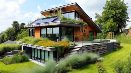 Fototapeta na wymiar eco friendly contemporary house with vegetation growing over it for natural heating and cooling