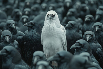 White crow among black crows. Individuality concept.