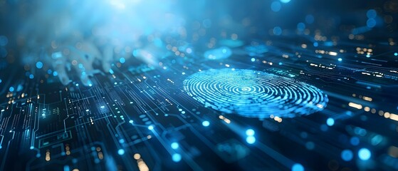 Futuristic Fingerprint Authentication on Digital Circuitry. Concept Biometric Security, Technology Advancements, Digital Authentication, Futuristic Designs, Cybersecurity - obrazy, fototapety, plakaty