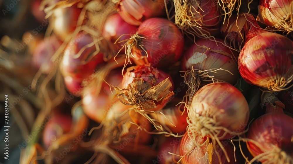 Wall mural fresh harvested red onions in natural light