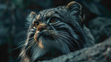closeup of a Pallas's cat sitting calmly, hyperrealistic animal photography, copy space for writing