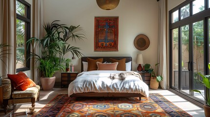Fototapeta na wymiar Elegant Bedroom Interior with Ethnic Decor and Houseplants