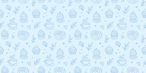 Pastry, sweet bakery seamless pattern with doodles