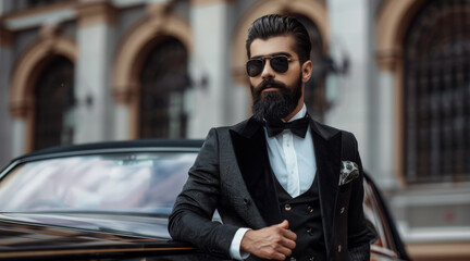 A personal driver with a beard in a classic suit is waiting for his boss against the backdrop of an expensive luxury car.