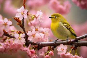 Yellow bird perched among pink cherry blossoms, a gentle spring whisper, AI Generative.