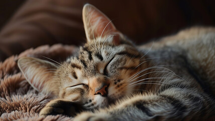 A peaceful tabby cat asleep, in a comforting domestic setting, AI Generative.