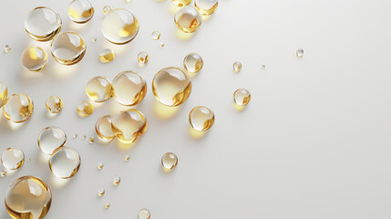 Golden yellow bubble oil or serum, cosmetics on a white background. Abstract background for design.