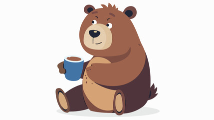 Cute brown bear with blue cup flat vector isolated 