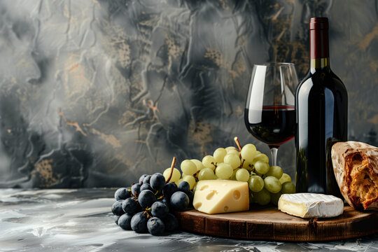 Red wine, grapes and cheese. Background image. Created with Generative AI technology.