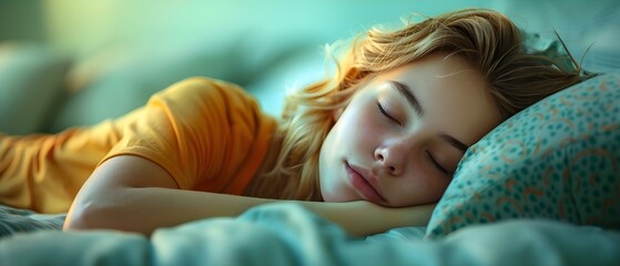 Woman sleeps in a pile of pillows on a green background. Concept Sleeping Beauty, Cozy Comfort, Green Dream, Pillow Paradise, Relaxation Haven