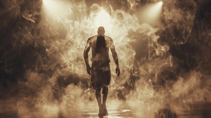 Silhouette of an athlete in shorts walking against the background of smoke and sports spotlights. Sports background for design.