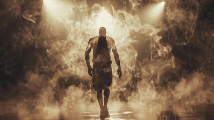 Fototapeta premium Silhouette of an athlete in shorts walking against the background of smoke and sports spotlights. Sports background for design.