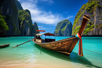 Traditional long-tail boats on a tropical beach in Maya Bay AI Generative.