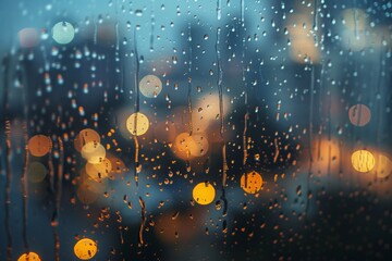 raindrops on glass with blurred city lights in the background evening mood
