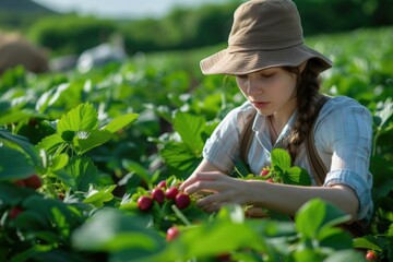 Young Asian woman farmer or gardener picking strawberries in the field