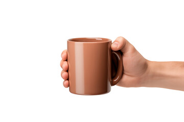 Obraz premium Person Holding Coffee Mug. On a White or Clear Surface PNG Transparent Background.