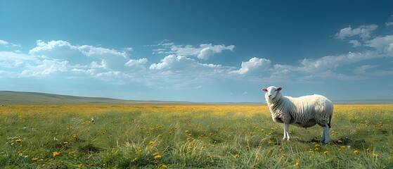Sheep grazing in a picturesque landscape under a blue sky. Concept Nature Photography, Farm Life, Countryside Scene, Animal Portraits, Rural Beauty - Powered by Adobe