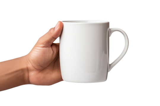 Person Holding White Coffee Mug. On a White or Clear Surface PNG Transparent Background.