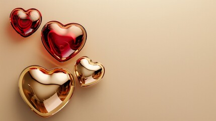 Glossy gold and red hearts with reflections on a cream background