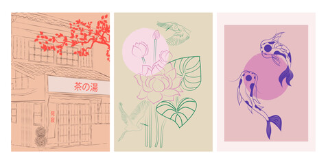 Obraz premium Aesthetic asian illustration with street house, Koi fish, stork flying at lily flower. Interior wall art, poster. Editable vector illustration.