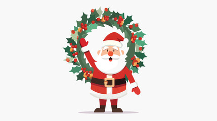 Cartoon santa claus waving hand with Christmas wreath