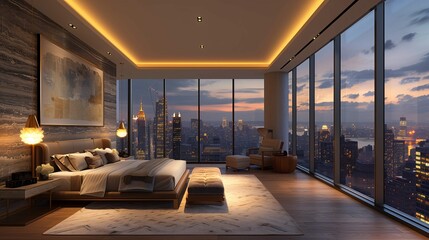 Luxury Bedroom Interior with Cityscape View at Twilight