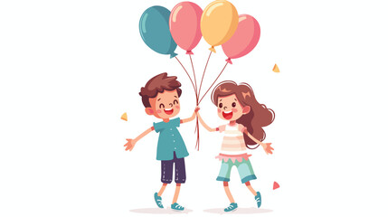 Obraz na płótnie Canvas Cute kid boy and girl holding hands with balloons