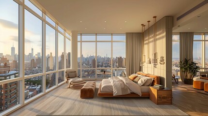 Modern Bedroom with Panoramic City View at Sunset