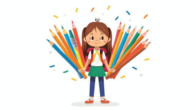 Cartoon school girl holding pencils flat vector