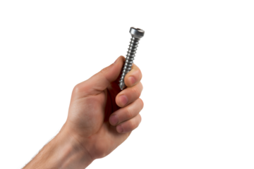 Person Holding Screw in Hand. On a White or Clear Surface PNG Transparent Background.