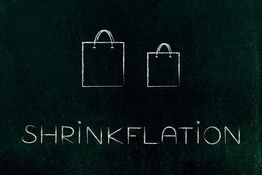 Shrinkflation design with shopping bags, products getting smaller for the same price due to Inflation