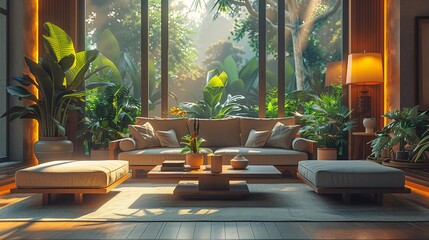 Modern Living Room Interior with Lush Greenery and Natural Light - obrazy, fototapety, plakaty