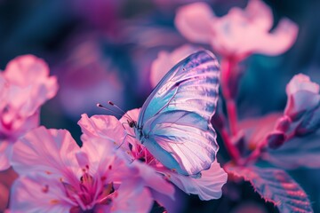 Blue butterfly on soft pink blossoms, a serene, dreamlike tableau
