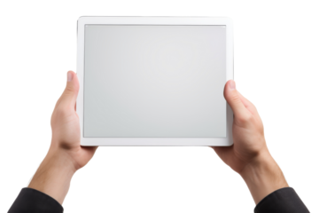 Person Holding Tablet in Hands. On a White or Clear Surface PNG Transparent Background.