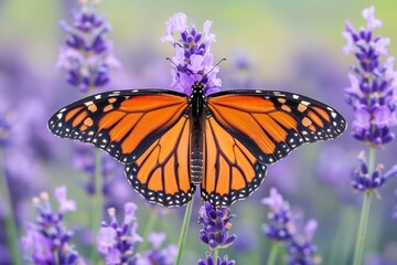 Naklejka premium Monarch butterfly perched on lavender in full bloom, a picture of elegance 