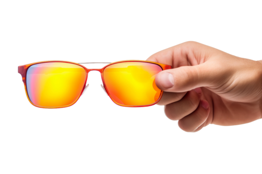 Person Holding Sunglasses Outdoors. On a White or Clear Surface PNG Transparent Background.