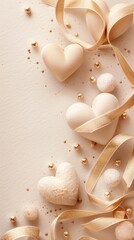 Elegant golden hearts and ribbons on a cream background with glitter